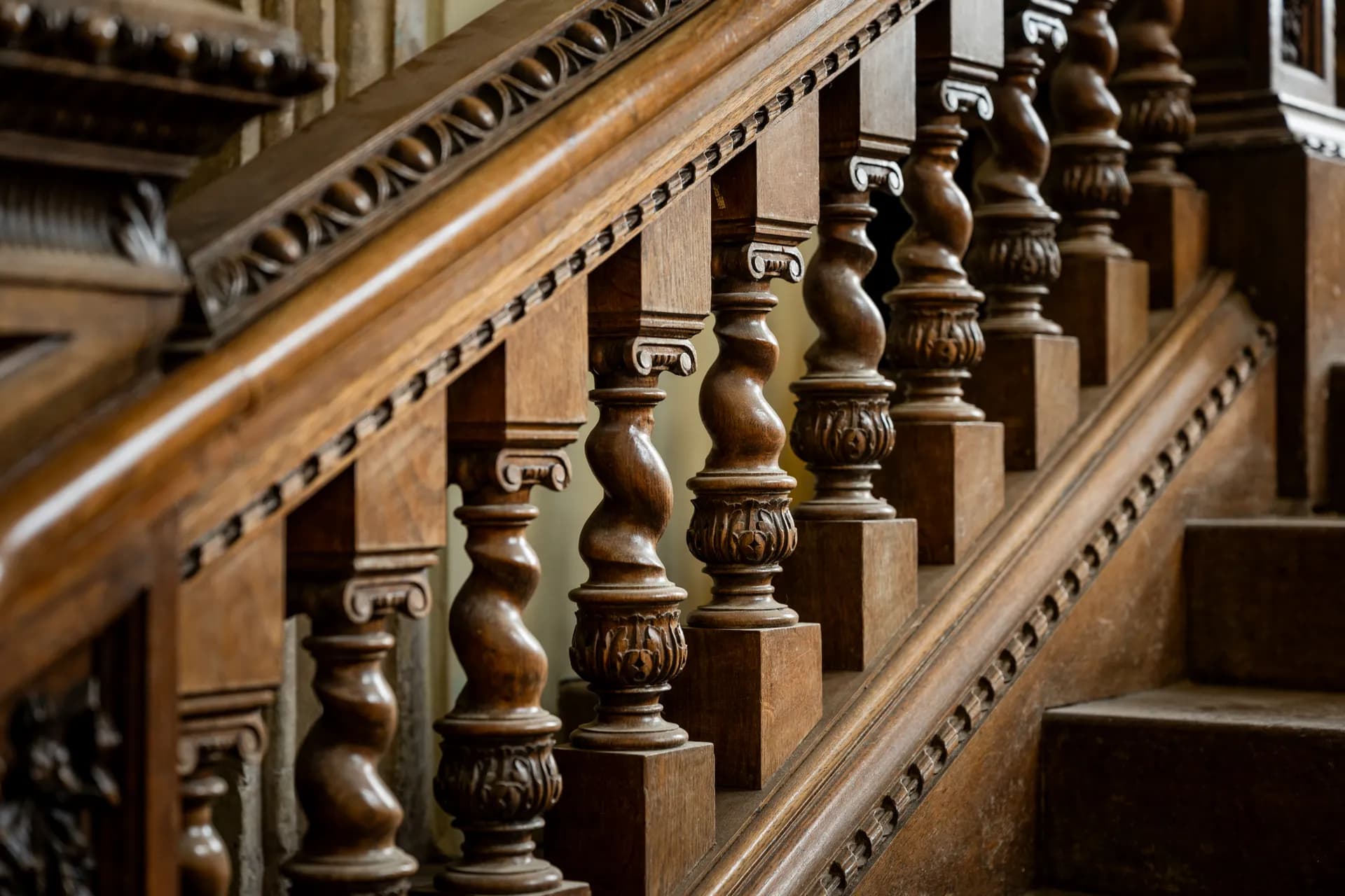 Carved wooden staircase balusters